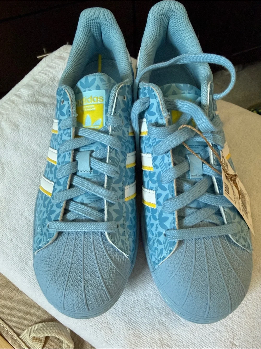 adidas Kids Superstar J Sneakers in Light Blue with White & Yellow
